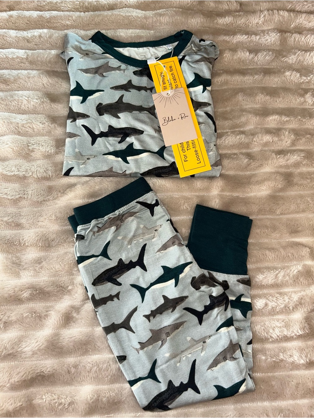 BAMBOO Shark Print Kids Pajama Set in Light Blue, Dark Teal, and Gray